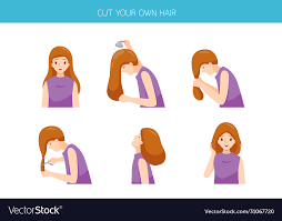steps woman cutting her own hair at