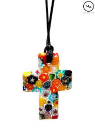 Multicolored Murrina Millefiori Crucifix Pendant In Murano Glass