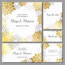 Wedding Invitation Cards Set With Golden Floral Background