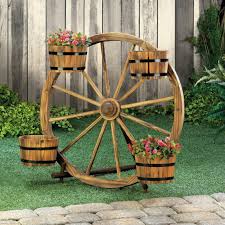 Wood Wagon Wheel Barrel Planter Display