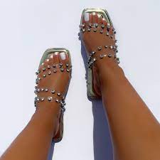 Belinda Clear Light Gold Mirror Diamante Flat Sandals | SIMMI London