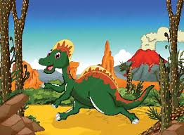 funny dinosaur cartoon with volcano