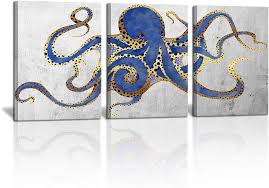 3 Piece Octopus Wall Art Painting Navy