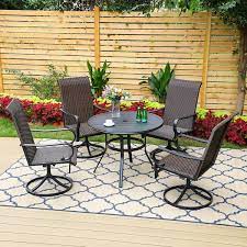 Phi Villa Black 5 Piece Metal Patio Outdoor Dining Set With Slat Round Table And Brown Rattan High Back Swivel Chairs