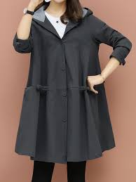 Plus Size Elegant Solid Color Hooded Trench Coats With Pockets