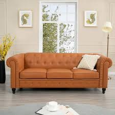 Homestock 88 58 In W Round Arm Faux Leather Rectangle Chesterfield Sofa Tufted 3 Seat Cushions Couch In Caramel Caramel Air Leather