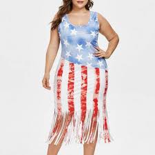 Women American Flag Stripes Tassel Tank Dress Plus Size At