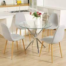 Glass Table 4 Chairs Fabric Dining Set