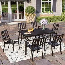 Phi Villa Black 7 Piece Metal Outdoor Patio Dining Set With Slat Rectangle Table And Modern Stackable Chairs