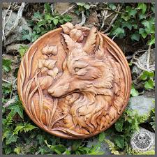 fox head wood carved plaque forged in