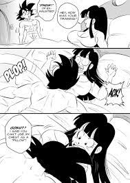 funsexydb, chi-chi (dragon ball), son goku, dragon ball, dragonball z,  absurdres, commentary, highres, symbol-only commentary, 1boy, 1girl, bed,  blunt bangs, boxers, breasts, cleavage, closed eyes, comic, english text,  face to breasts, greyscale,