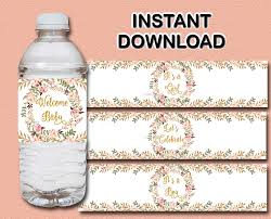 Oversize diaper pin party decorations • baby shower idea: Floral Baby Shower Water Bottle Labels Printable Peach Pink Etsy Water Bottle Labels Baby Shower Baby Shower Water Bottles Girl Baby Shower Decorations