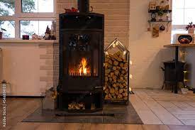 Black Metal Stove Fireplace With Wood