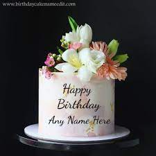 happy birthday flowers wish cake with