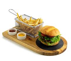 The cheese is usually added to the cooking hamburger patty shortly before serving, which allows the cheese to melt. Amazon Com Yukon Glory Burger Serving Set Includes Premium Acacia Wood Board With Slate Stainless Steel Fry Basket Porcelain Condiment Cups Dinner Plates