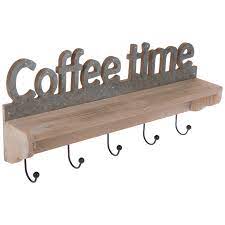 coffee time wood wall shelf with hooks