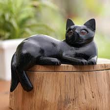 Black Suar Wood Cat Statuette From Bali