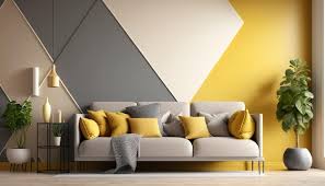 living room with a yellow and grey wall