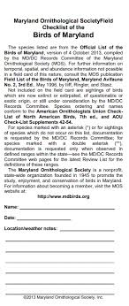 Birding Checklists Maryland Ornithological Society
