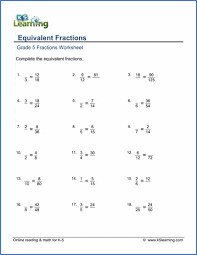 (in general, a/b + c/d = (ad + bc)/bd.) Grade 5 Fractions Worksheets Equivalent Fractions K5 Learning