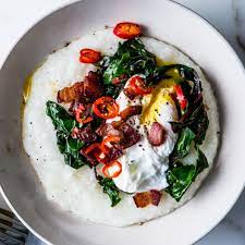 cheesy grits with poached eggs greens