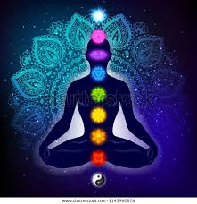 蓮のポーズで人間の瞑想をする。ヨガのイラスト。カラフルな9個のチャクラとアウラの輝き。曼荼羅の背景。」のベクター画像素材（ロイヤリティフリー）  1145960876