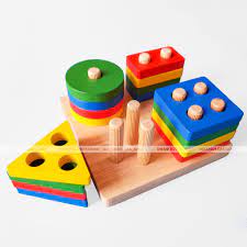 Bộ thả hình khối 4 cọc trụ bằng gỗ, đồ chơi trí tuệ cho bé học hình khối, học  màu sắc giá cạnh tranh