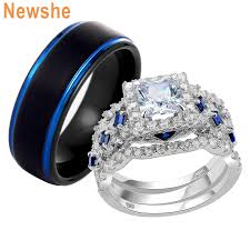 Anotheroption would be to incorporate the rose gold from the brides rings as a stripe in the black his and herwedding ring set.there are many places where you can purchase a wedding ring set. Newshe Wedding Ring Sets For Him And Her Women Men Black Blue Tungsten Bands Cz Ebay
