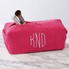 embroidered pink waffle weave makeup bag