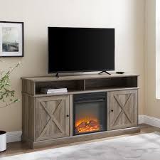 Welwick Designs 60 In Grey Wash Wood X Door Tv Stand Fits Tvs Up To 65 In With Electric Fireplace Gray Wash