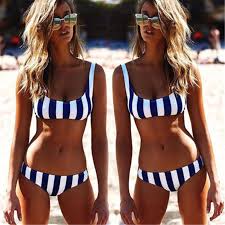 Us 5 99 17 Off Women Navy Blue White Striped Bikini Set 2018 New Summer Push Up Padded Bra Swimsuit Swimwear Brazilian Triangle Bathing Suit In