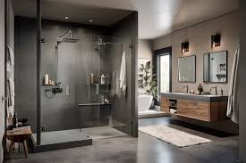 A Bathroom With A Glass Shower Door And