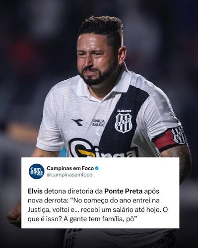DESABAFOU! 🗣️ O meia Elvis criticou fortemente a diretoria da Ponte Preta por conta dos recorrentes atrasos salariais do elenco. No começo do ano, o jogador chegou a entrar na Justiça contra