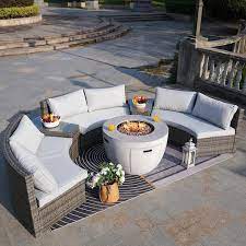 Cedar Half Moon Grey 6 Piece Wicker Outdoor Sectional Set Round Firepits With Grey Cushions
