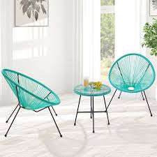 Joyesery Acapulco Chairs Turquoise 3 Pieces Woven Rattan Patio Furniture Set Modern Outdoor Bistro Set With Tempered Glass Table