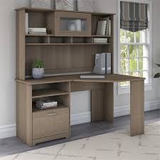 A matte, ash grey finish adds rustic refinement to this polished piece, which is outfitted with metal inset pulls with an antiqued nickel finish. Cabot 60w Corner Desk With Hutch In Ash Gray Engineered Wood Cab008ag