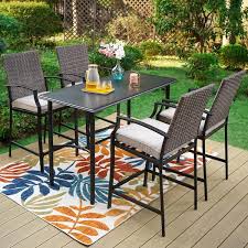 Phi Villa 5 Piece Metal Outdoor Patio Bar Height Dining Set With Rectangle Table And Rattan Bistro Chairs With Beige Cushions