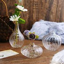 3 Clear Round Ribbed Glass Flower Vases