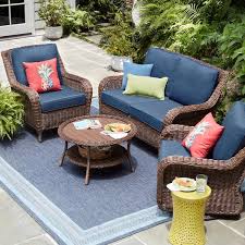 Hampton Bay Cambridge Brown Wicker Outdoor Patio Loveseat With Cushionguard Midnight Navy Blue Cushions