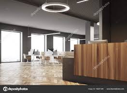 Dark And Wooden Office Reception Open Space Side Stock Photo