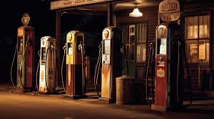 four old fashioned gas pumps in the