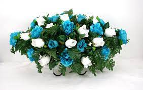 Scotchgard made for silk flowers was applied to arrangement to help. Father 39 S Day Blue And White Roses Silk Flower Cemetery Tombstone Saddle Blue And White Roses Memorial Flowers Silk Flowers