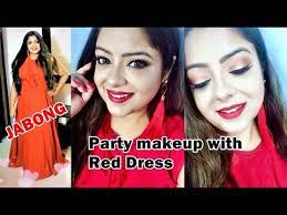 party makeup with red dress in hindi