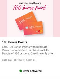 Maybe you would like to learn more about one of these? Bonus 100 Points W 30 Purchase Ulta With Ulta Credit Card Targeted Ends Feb 13 11 59 P M Ct Muaonthecheap