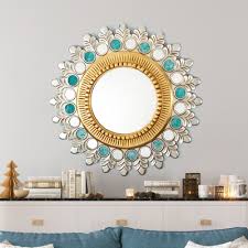 Wood Wall Mirror In Turquoise Hues
