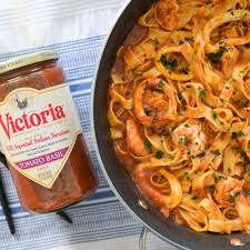 seafood pasta in a tomato basil sauce