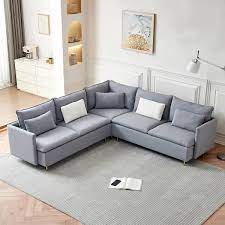 92 In 3 Piece Teddy Fabric Upholstered L Shaped Corner Sectional Sofa In Gray With Pillows Metal Legs