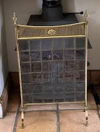 Antique Brass Fire Screen With Bevelled
