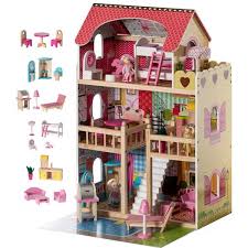 gardenised wooden doll house with toys and furniture accessories with led light for ages 3