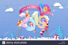 2019 New Year Design Card With Kids On Blue Winter